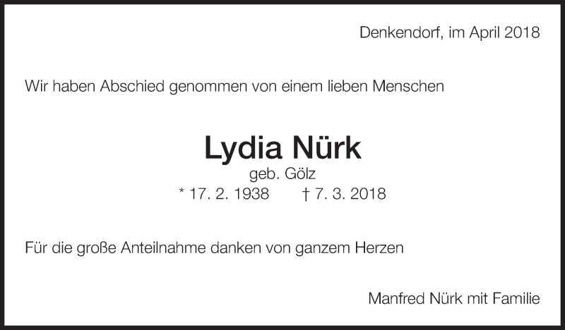  Traueranzeige für Lydia Nürk vom 12.04.2018 aus Eßlinger Zeitung/Cannstatter Zeitung