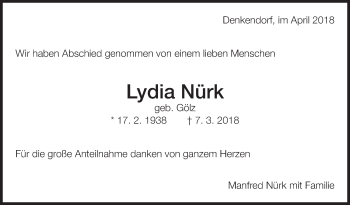 Traueranzeige von Lydia Nürk von Eßlinger Zeitung/Cannstatter Zeitung