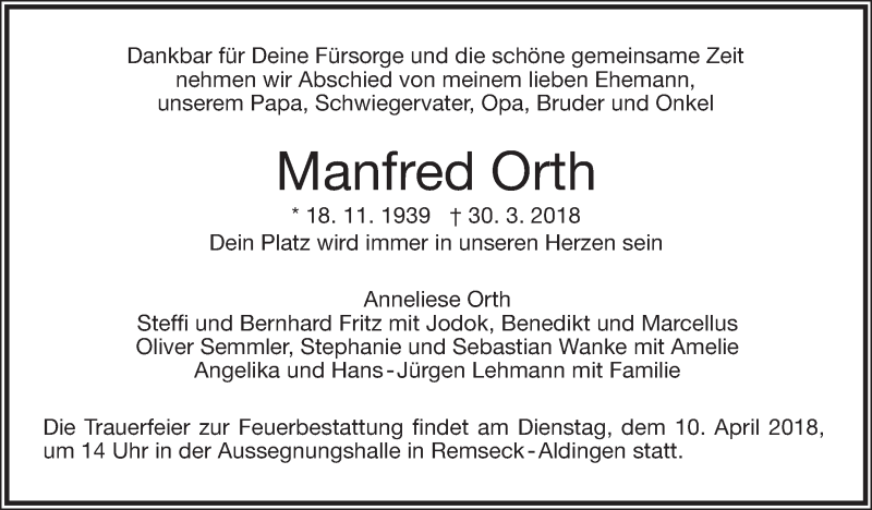  Traueranzeige für Manfred Orth vom 07.04.2018 aus Eßlinger Zeitung/Cannstatter Zeitung