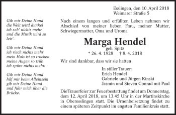 Traueranzeige von Marga Hendel von Eßlinger Zeitung/Cannstatter Zeitung