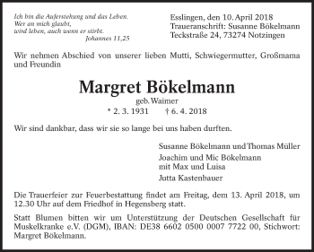 Traueranzeige von Margret Bökelmann von Eßlinger Zeitung/Cannstatter Zeitung