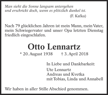 Traueranzeige von Otto Lennartz von Eßlinger Zeitung/Cannstatter Zeitung
