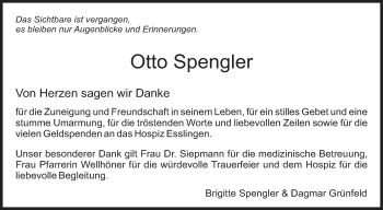 Traueranzeige von Otto Spengler von Eßlinger Zeitung/Cannstatter Zeitung
