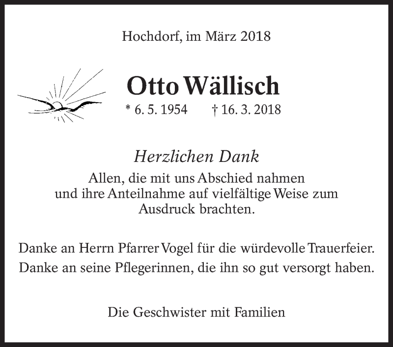  Traueranzeige für Otto Wällisch vom 03.04.2018 aus Eßlinger Zeitung/Cannstatter Zeitung