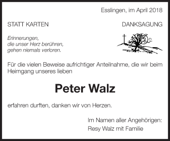 Traueranzeige von Peter Walz von Eßlinger Zeitung/Cannstatter Zeitung