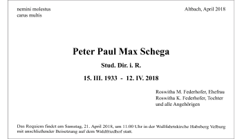 Traueranzeige von Peter Paul Max Schega von Eßlinger Zeitung/Cannstatter Zeitung