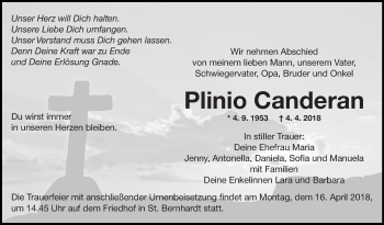 Traueranzeige von Plinio Canderan von Eßlinger Zeitung/Cannstatter Zeitung