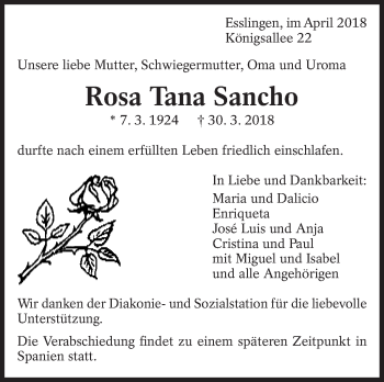 Traueranzeige von Rosa Tana Sancho von Eßlinger Zeitung/Cannstatter Zeitung