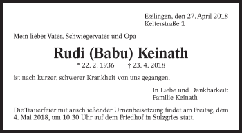 Traueranzeige von Rudi Keinath von Eßlinger Zeitung/Cannstatter Zeitung