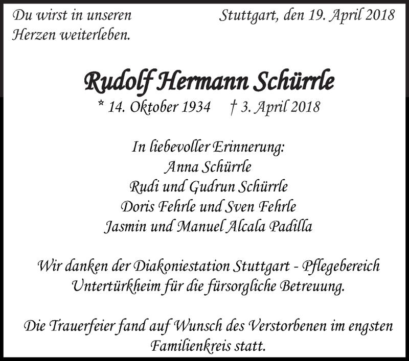  Traueranzeige für Rudolf Hermann Schürrle vom 19.04.2018 aus Eßlinger Zeitung/Cannstatter Zeitung