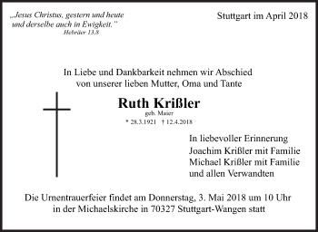 Traueranzeige von Ruth Krißler von Eßlinger Zeitung/Cannstatter Zeitung