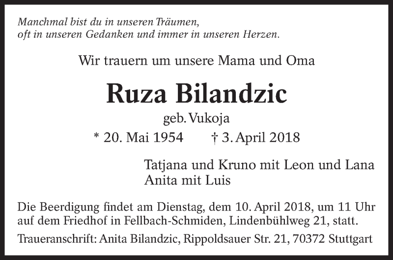  Traueranzeige für Ruza Bilandzic vom 07.04.2018 aus Eßlinger Zeitung/Cannstatter Zeitung