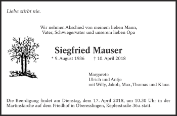 Traueranzeige von Siegfried Mauser von Eßlinger Zeitung/Cannstatter Zeitung