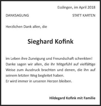 Traueranzeige von Sieghard Kofink von Eßlinger Zeitung/Cannstatter Zeitung