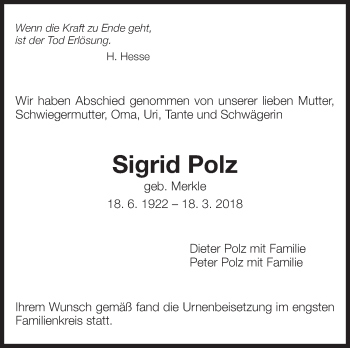 Traueranzeige von Sigrid Polz von Eßlinger Zeitung/Cannstatter Zeitung