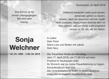 Traueranzeige von Sonja Welchner von Eßlinger Zeitung/Cannstatter Zeitung