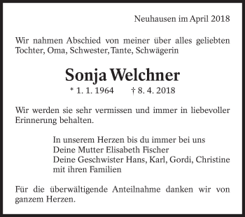 Traueranzeige von Sonja Welchner von Eßlinger Zeitung/Cannstatter Zeitung