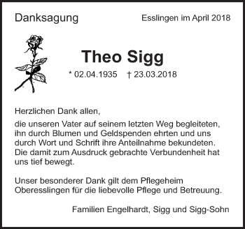 Traueranzeige von Theo Sigg von Eßlinger Zeitung/Cannstatter Zeitung