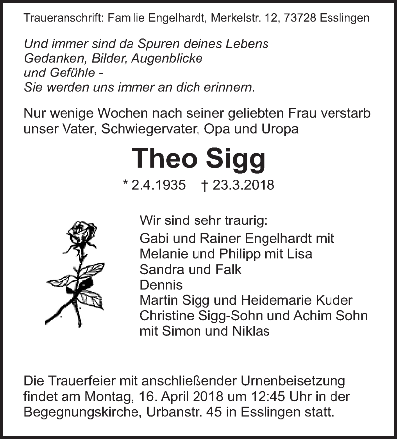  Traueranzeige für Theo Sigg vom 11.04.2018 aus Eßlinger Zeitung/Cannstatter Zeitung