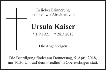 Traueranzeige von Ursula Kaiser von Eßlinger Zeitung/Cannstatter Zeitung