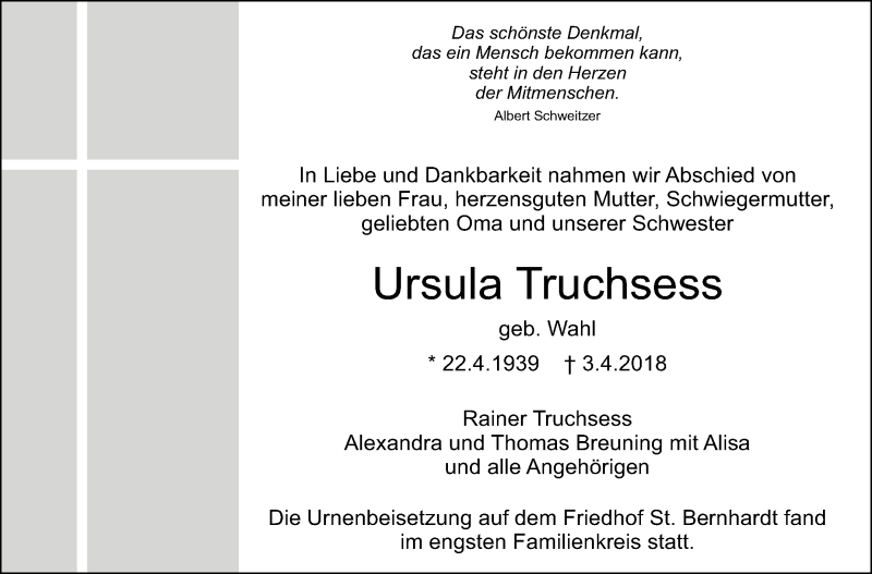 Traueranzeige für Ursula Truchsess vom 20.04.2018 aus Eßlinger Zeitung/Cannstatter Zeitung
