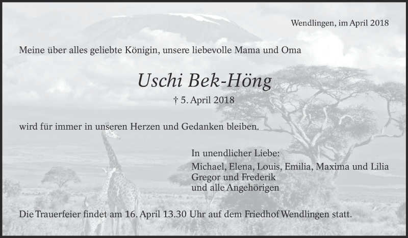  Traueranzeige für Uschi Bek-Höng vom 12.04.2018 aus Eßlinger Zeitung/Cannstatter Zeitung