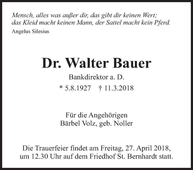  Traueranzeige für Walter Bauer vom 21.04.2018 aus Eßlinger Zeitung/Cannstatter Zeitung