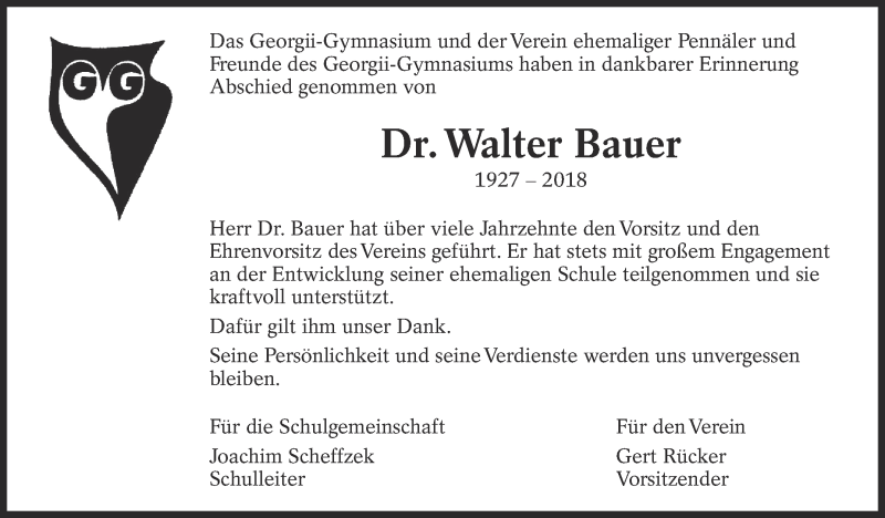  Traueranzeige für Walter Bauer vom 28.04.2018 aus Eßlinger Zeitung/Cannstatter Zeitung