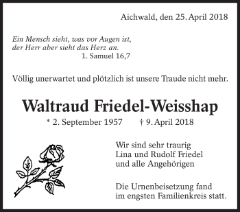 Traueranzeige von Waltraud Friedel-Weisshap von Eßlinger Zeitung/Cannstatter Zeitung