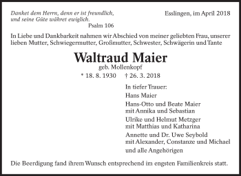 Traueranzeige von Waltraud Maier von Eßlinger Zeitung/Cannstatter Zeitung