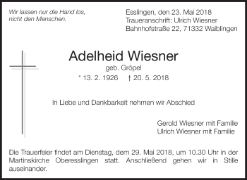 Traueranzeige von Adelheid Wiesner von Eßlinger Zeitung/Cannstatter Zeitung