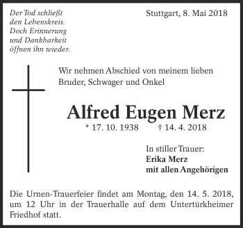 Traueranzeige von Alfred Eugen Merz von Eßlinger Zeitung/Cannstatter Zeitung