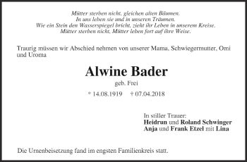 Traueranzeige von Alwine Bader von Eßlinger Zeitung/Cannstatter Zeitung