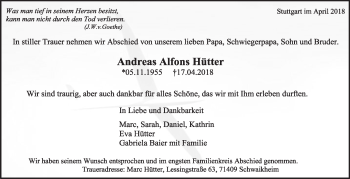 Traueranzeige von Andreas Alfons Hütter von Eßlinger Zeitung/Cannstatter Zeitung