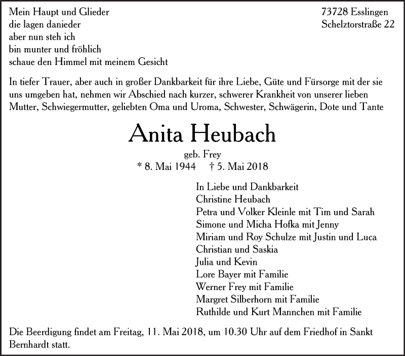  Traueranzeige für Anita Heubach vom 08.05.2018 aus Eßlinger Zeitung/Cannstatter Zeitung
