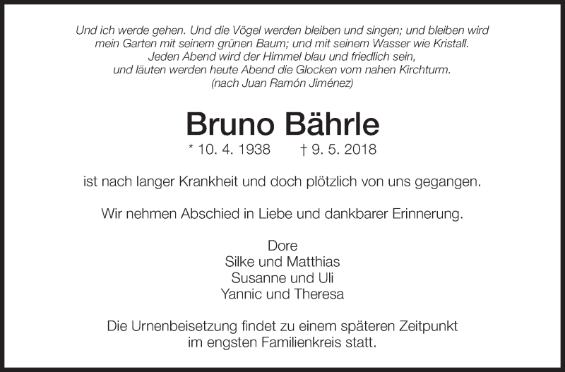  Traueranzeige für Bruno Bährle vom 19.05.2018 aus Eßlinger Zeitung/Cannstatter Zeitung