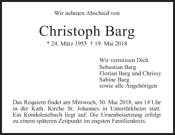 Traueranzeige von Christoph Barg von Eßlinger Zeitung/Cannstatter Zeitung