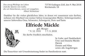 Traueranzeige von Elfriede Mäckle von Eßlinger Zeitung/Cannstatter Zeitung