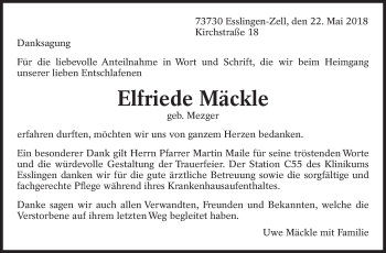 Traueranzeige von Elfriede Mäckle von Eßlinger Zeitung/Cannstatter Zeitung