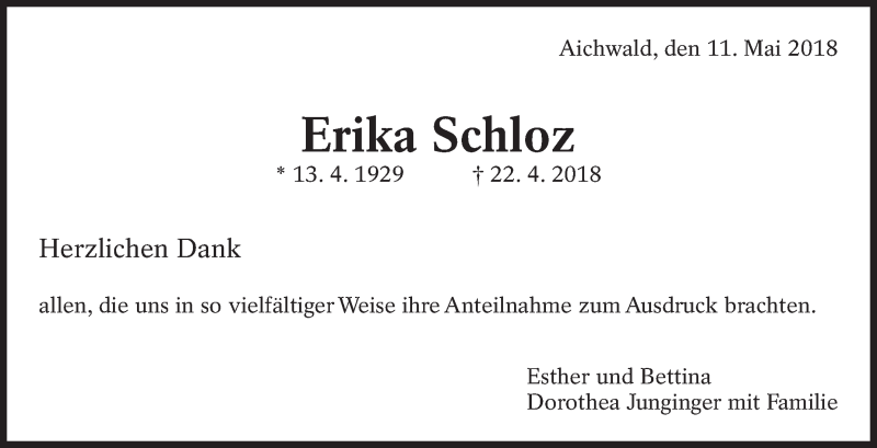  Traueranzeige für Erika Schloz vom 11.05.2018 aus Eßlinger Zeitung/Cannstatter Zeitung