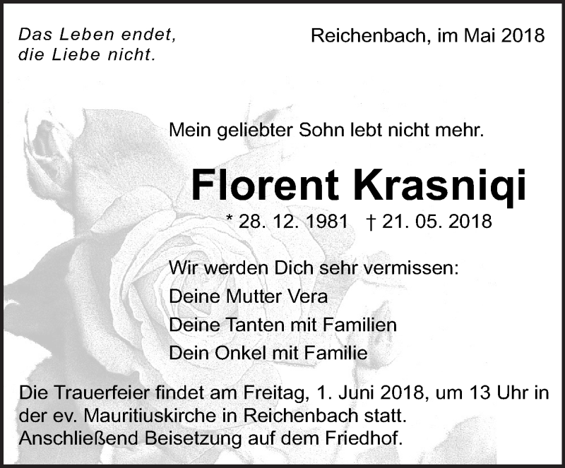  Traueranzeige für Florent Krasniqi vom 30.05.2018 aus Eßlinger Zeitung/Cannstatter Zeitung