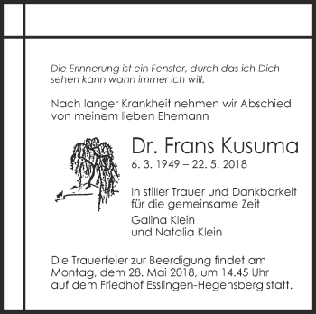 Traueranzeige von Frans Kusuma von Eßlinger Zeitung/Cannstatter Zeitung