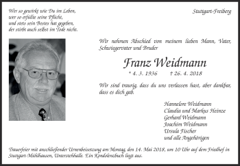 Traueranzeige von Franz Weidmann von Eßlinger Zeitung/Cannstatter Zeitung