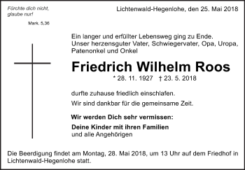 Traueranzeige von Friedrich Wilhelm Roos von Eßlinger Zeitung/Cannstatter Zeitung