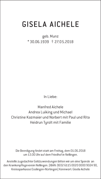 Traueranzeige von Gisela Aichele von Eßlinger Zeitung/Cannstatter Zeitung
