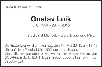 Traueranzeige von Gustav Luik von Eßlinger Zeitung/Cannstatter Zeitung