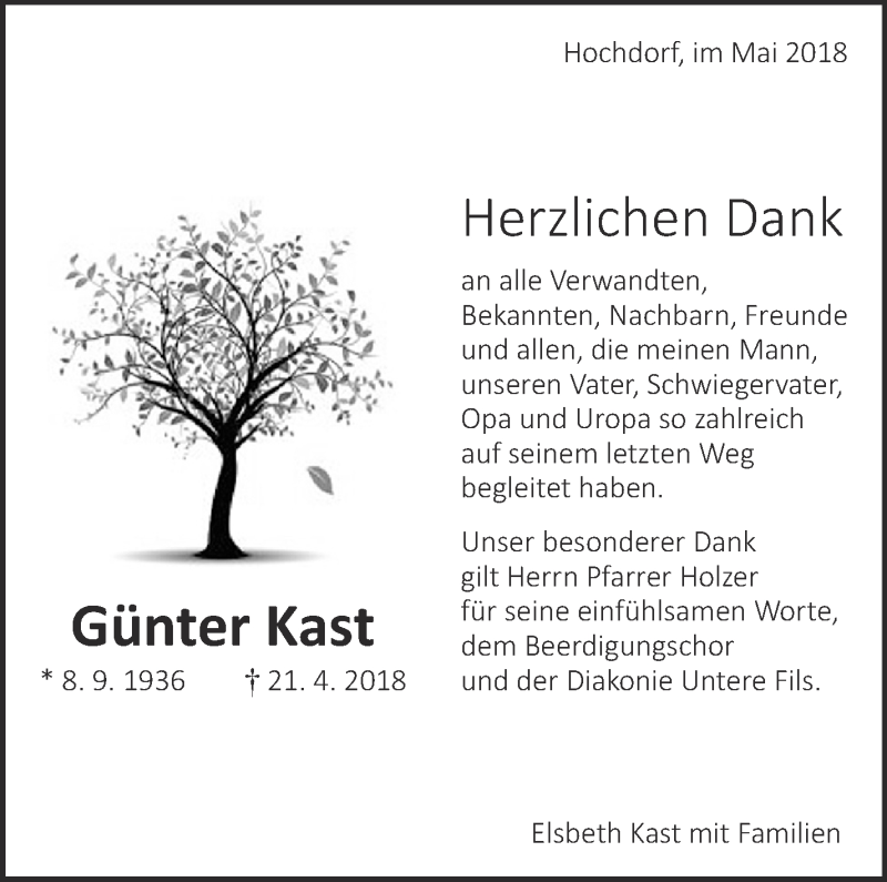  Traueranzeige für Günter Kast vom 26.05.2018 aus Eßlinger Zeitung/Cannstatter Zeitung