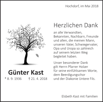 Traueranzeige von Günter Kast von Eßlinger Zeitung/Cannstatter Zeitung