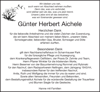 Traueranzeige von Günter Herbert Aichele von Eßlinger Zeitung/Cannstatter Zeitung