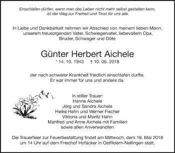 Traueranzeige von Günter Herbert Aichele von Eßlinger Zeitung/Cannstatter Zeitung